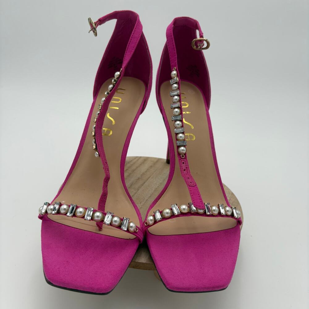 Hot Pink Faux Suede Rhinestone Pearl T-Strap Square Toe Stiletto Heels 10M